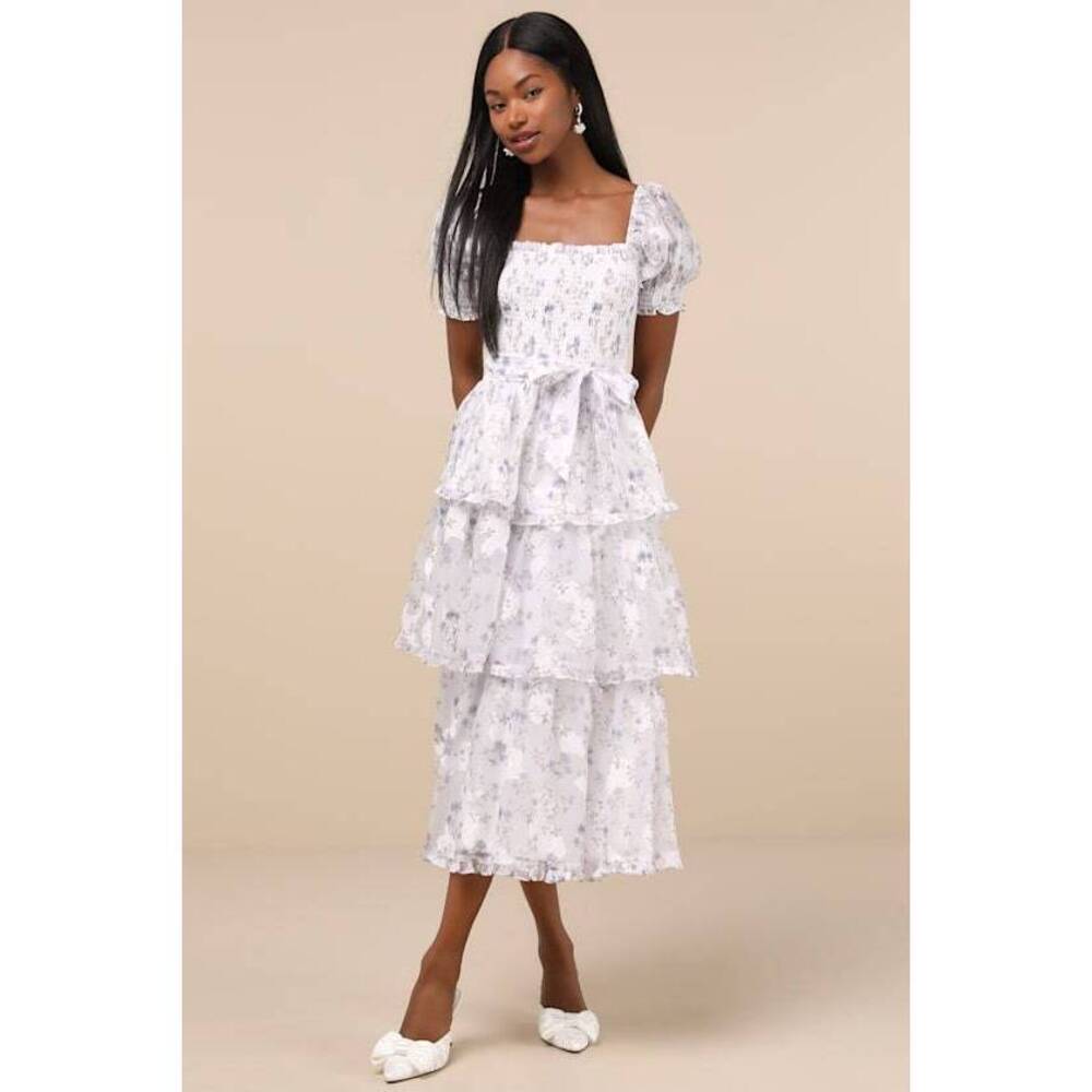 Lulus Darling Posture White Floral Tiered Puff Sleeve Midi Dress - Size M